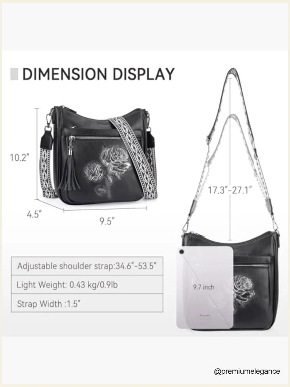 Vegan Leather Hobo Crossbody Bag Embossed Floral Lightweight Travel Purse